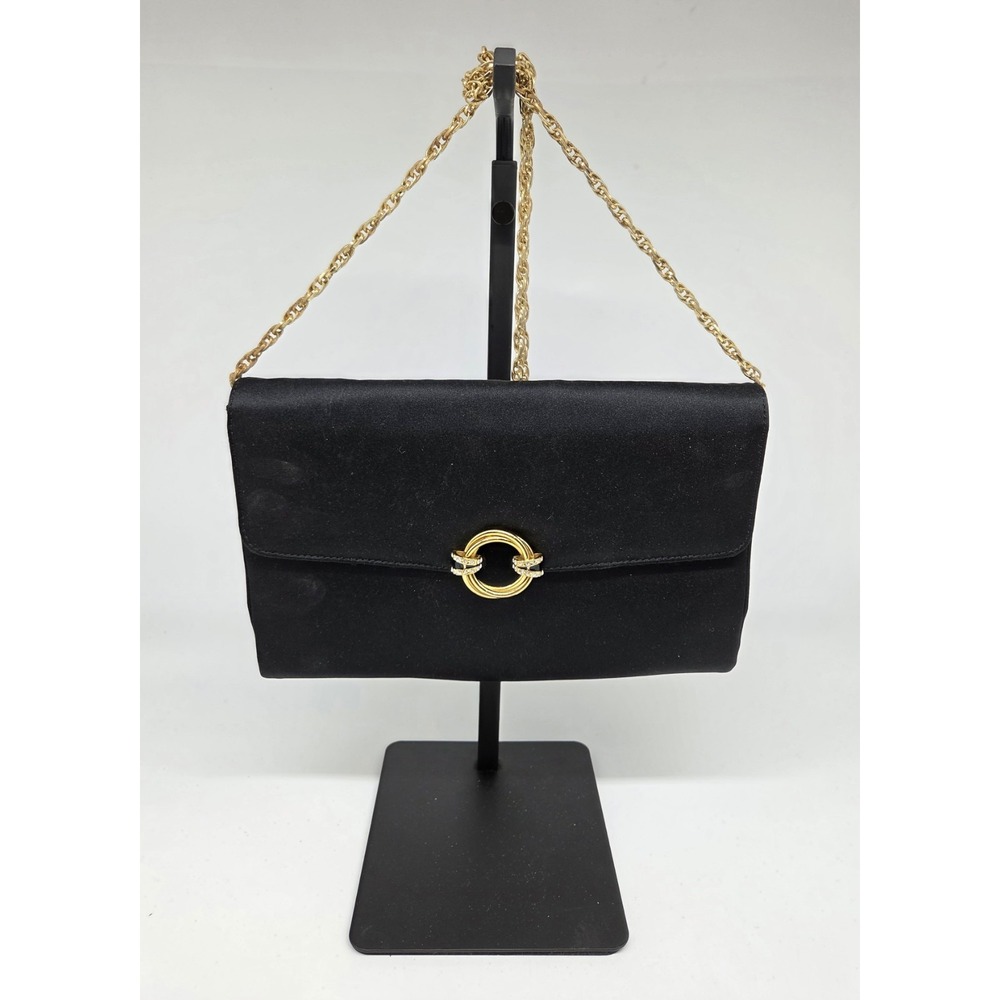 RODO Italy Black Satin Chain Strap Purse Gold Swarovski Crystals Clasp Elegant